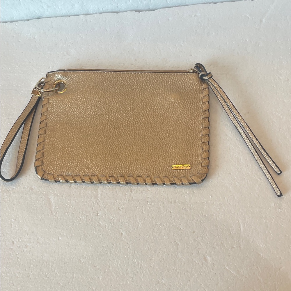 Vintage Charlie Paige gold Wristlet tan Clutch purse braided edge zipper pockets